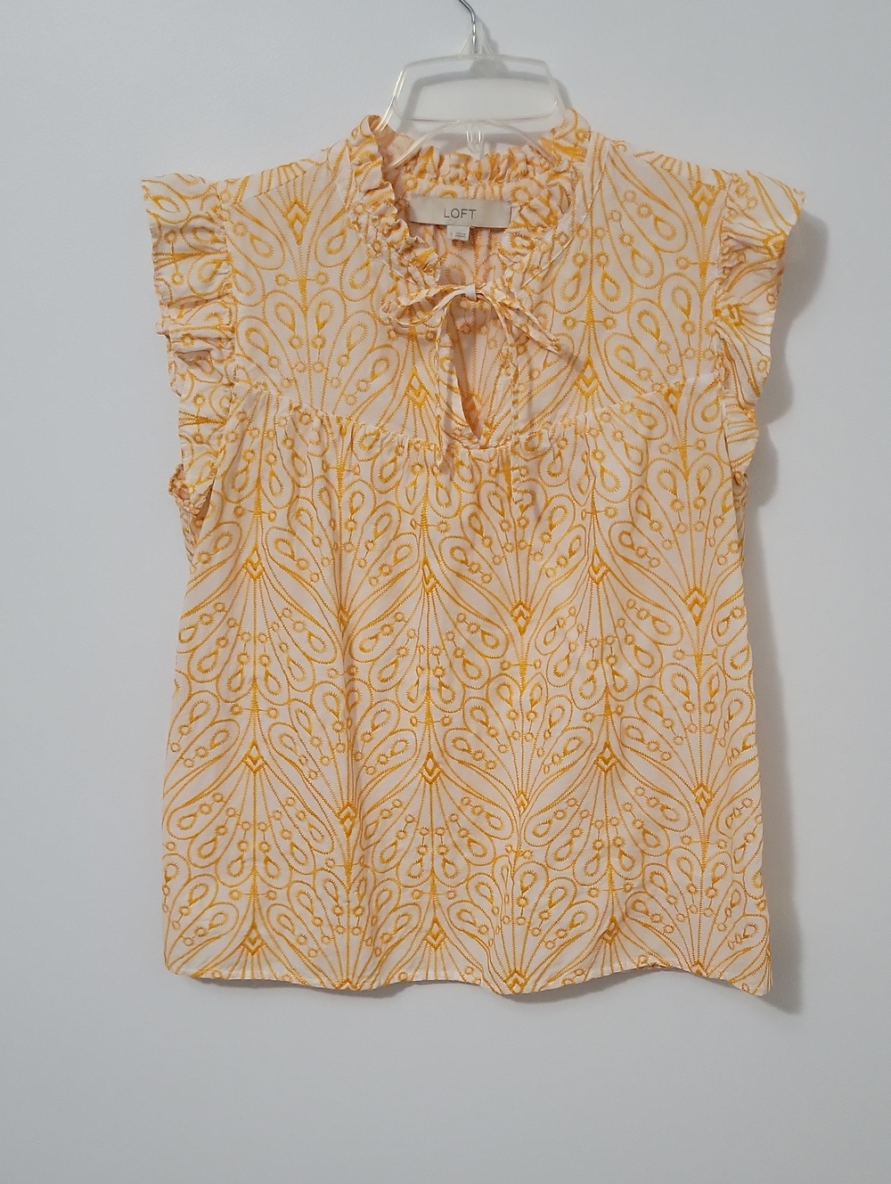 LOFT Yellow Embroided Ruffle Sleeve Blouse, Size Small